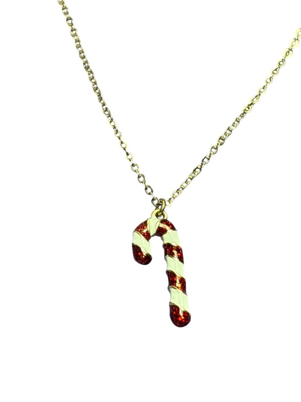 Vtg 90s Candy Cane Pendant Necklace Goldtone Lobster Clasp Red White Enamel